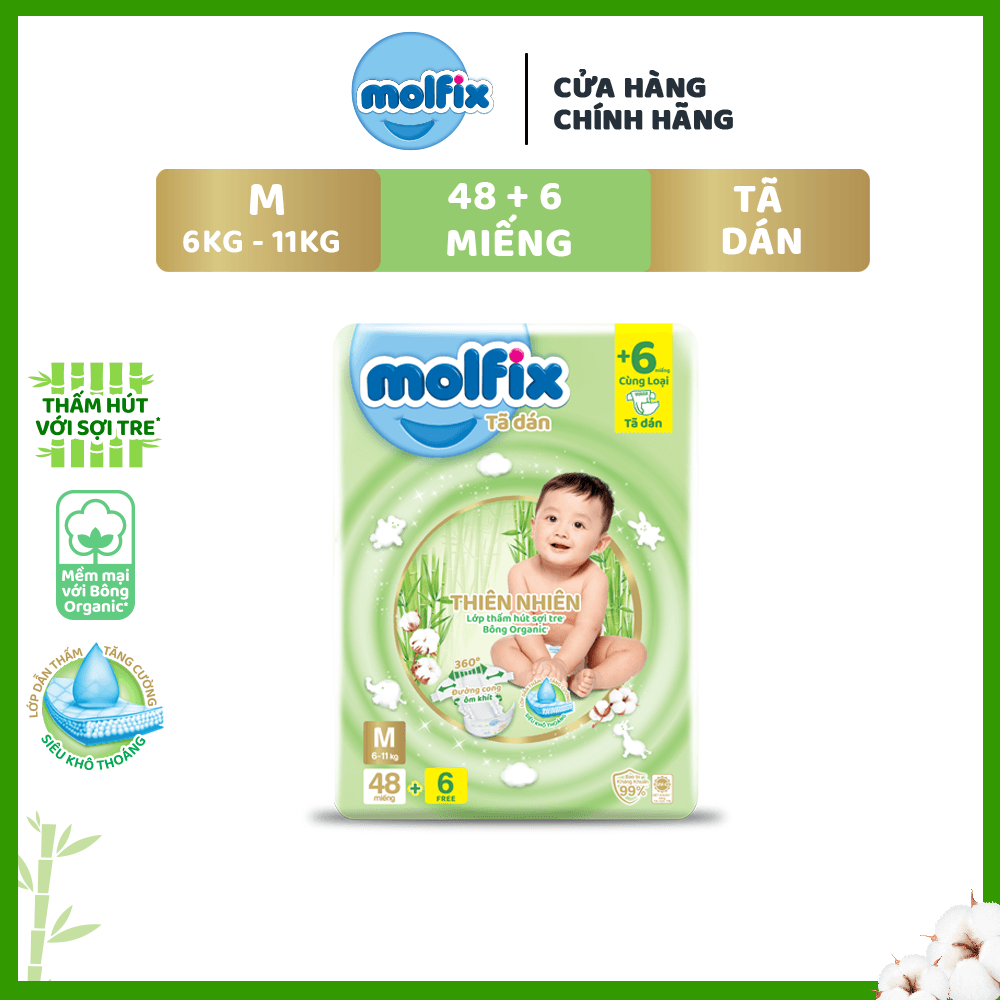[Đơn 399K Tặng 2 miếng tã quần size L ]  Tã/bỉm dán Molfix Thiên nhiên Jumbo M (6kg - 11kg) - Gói 48+6 miếng