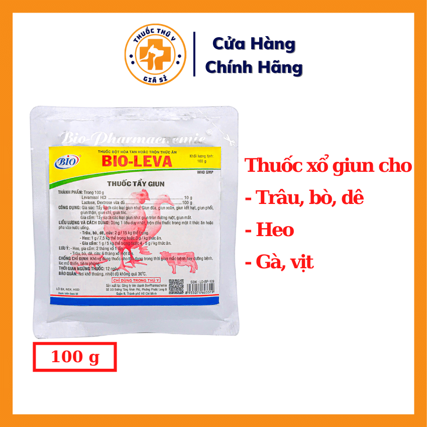 "Hoàn tiền đến 10%" Bio Leva 100g - Dùng Cho Tẩy Giun Cho Gà Vịt, Chim, Thuốc Xổ Lãi Cho Trâu Bò Heo, Tẩy Sạch Giun Trên Gia Súc Gia Cầm - Thú Y Giá Sỉ