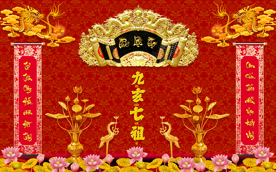 Tranh dán tường trang trí bàn thờ phòng thờ Cửu Huyền Thất Tổ UD1030 loại cao cấp nhiều kích thước