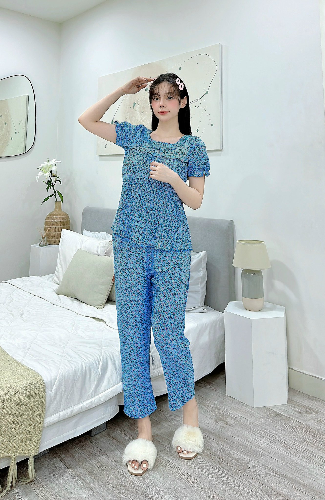 Đồ bộ dài dập ly quần lỡ vải hàn freesize dưới 60kg đồ bộ dài dập ly có túi quần
