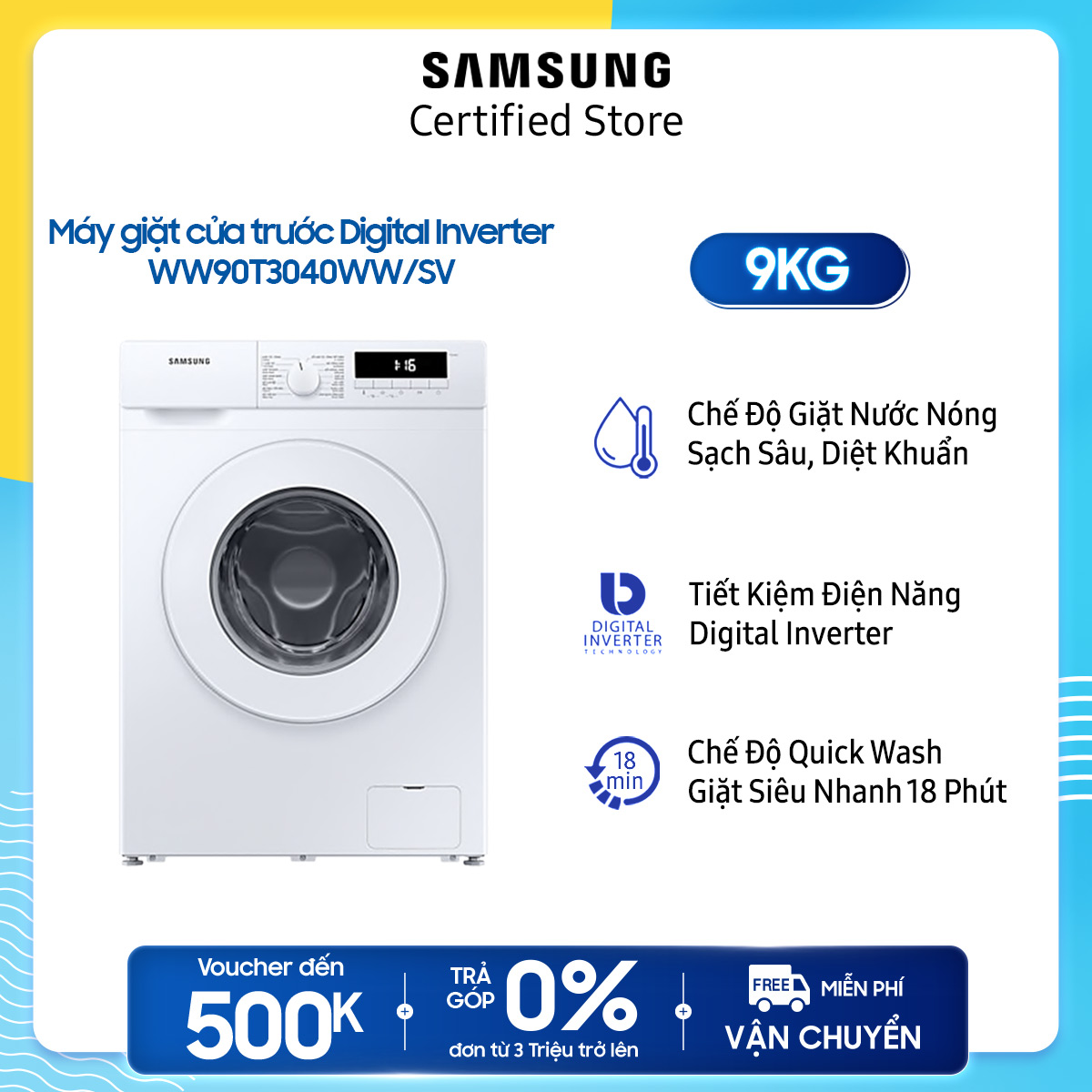 [VOUCHER 12% Upto 2 triệu] [Trả góp 0%]Máy giặt Samsung cửa trước Digital Inverter 9kg (WW90T3040WW)