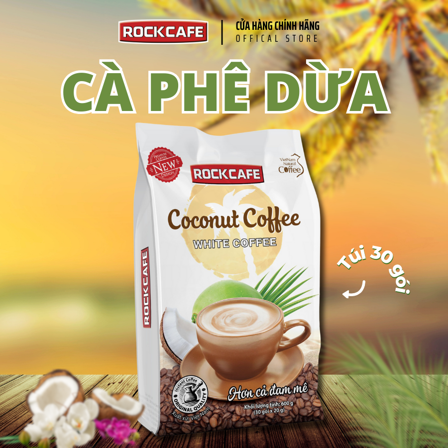 RockCafe - Cà phê hòa tan 3 trong 1 - Vị Dừa độc đáo - Thơm ngon - Tinh khiết - Chuẩn vị cafe Việt - Túi 30 gói x 20gr