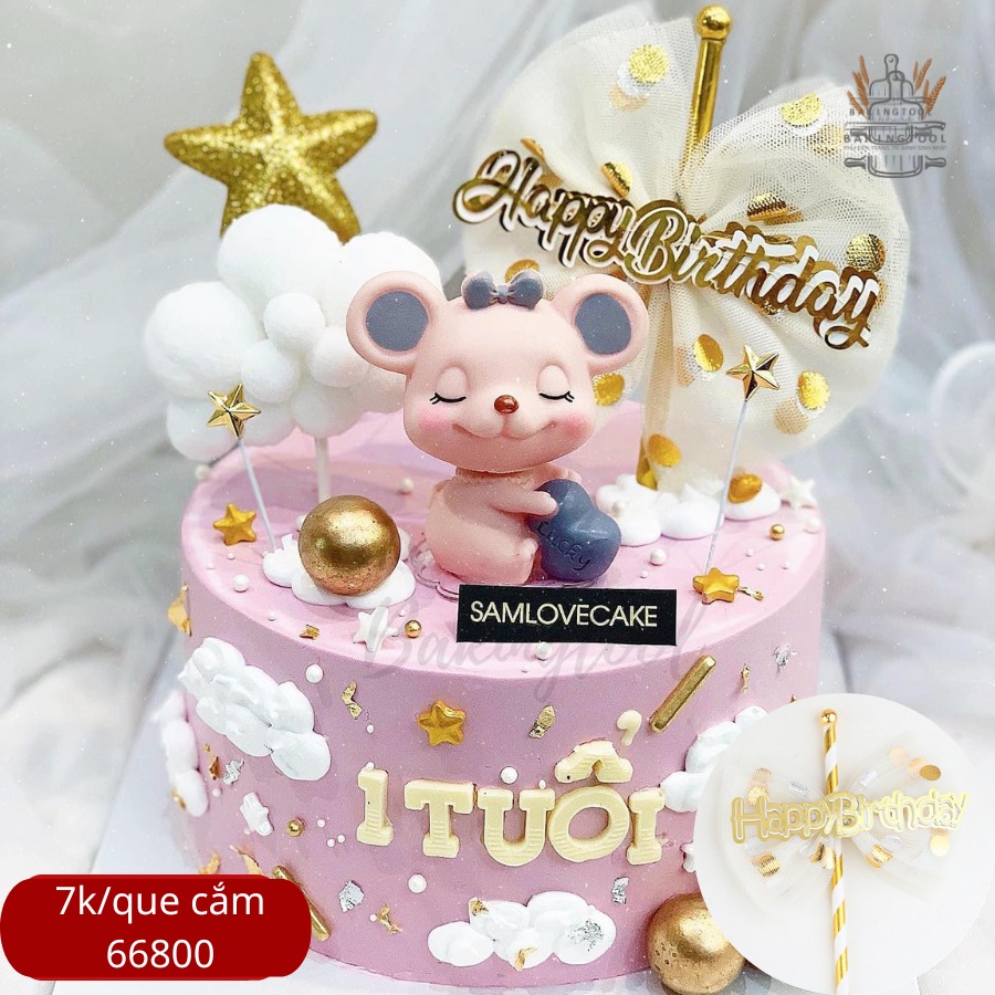 Que cắm HPBD Nơ chấm bi Hồng- Vàng
