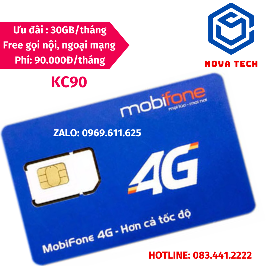 Sim 4g mobifone kc90 - tặng 30gb/tháng+ 30 phút gọi ngoại mạng + miễn phí gọi nội mạng - phí 90k/tháng . freeship - chưa kích hoạt.