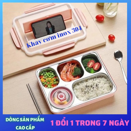 Khay đựng cơm inox 5 ngăn có nắp giữ nhiệt chống tràn - Hộp Đựng Cơm Trưa Chia Ngăn Tiện Lợi Bằng Inox Có Giá Đỡ Điện Thoại Tặng Thìa Đũa Inox Cao Cấp.