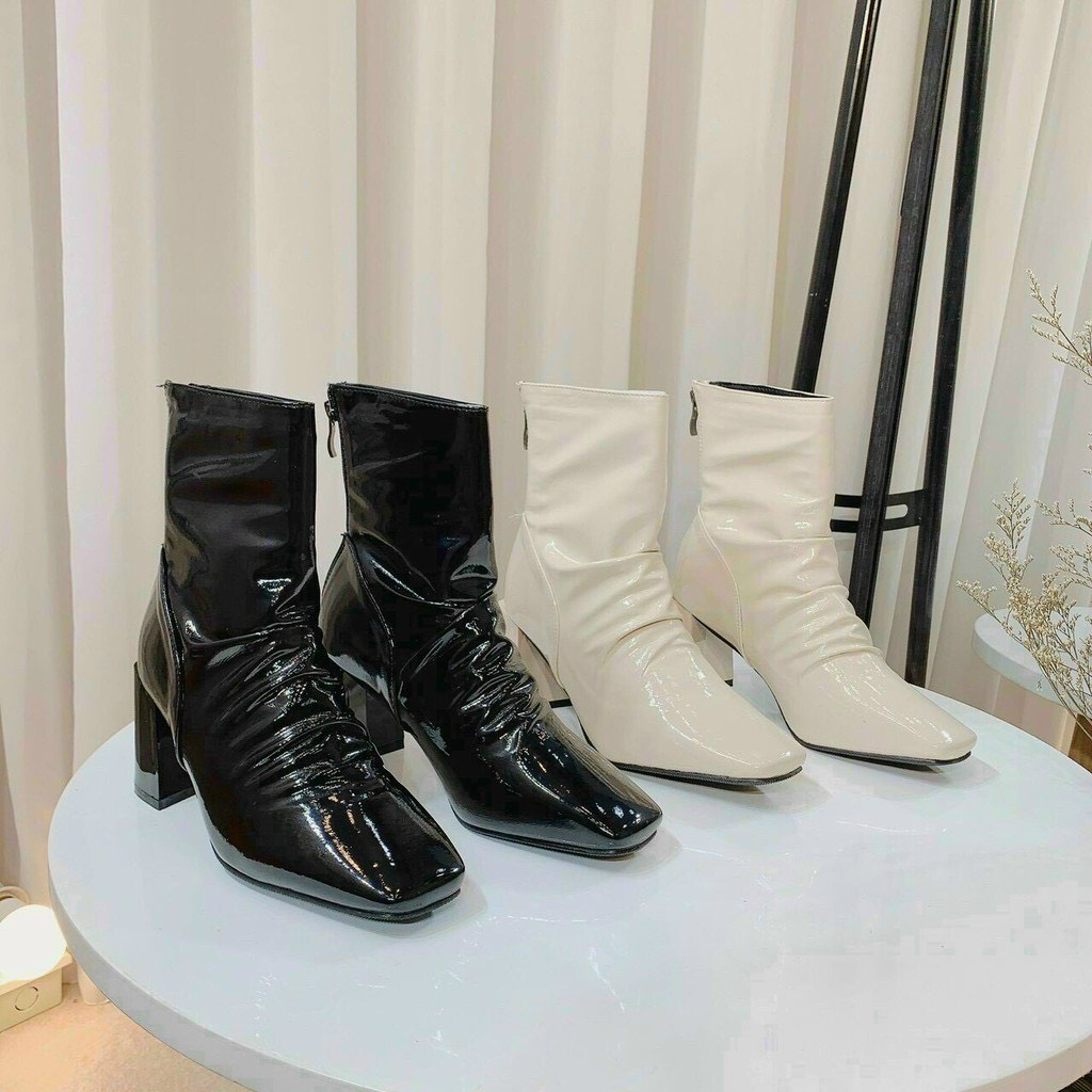 Bốt nữ cao gót 7 phân da  bóng cổ nhăn siêu hot