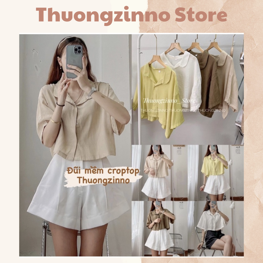 [Ảnh Thật/Video] Áo Sơ Mi Croptop Thiết Kế Cổ Sen Chất Lụa Nhăn Hàn Quốc