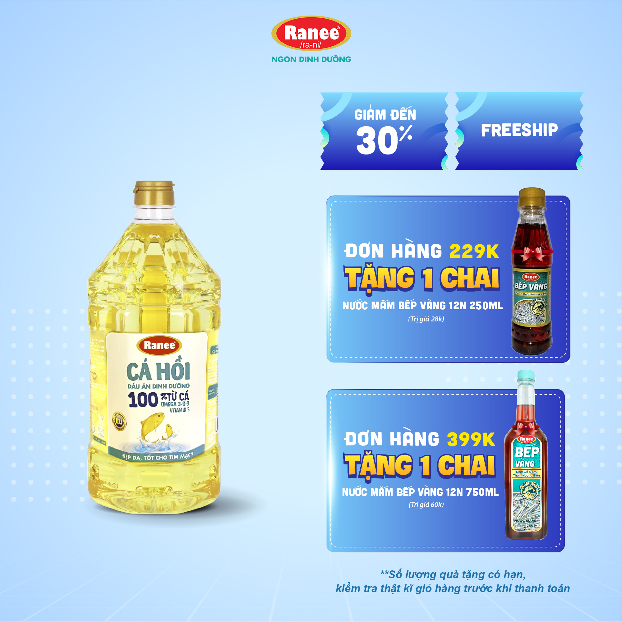 Dầu ăn dinh dưỡng Ranee CÁ HỒI 2 lít (hoặc 2 chai 1 lít)