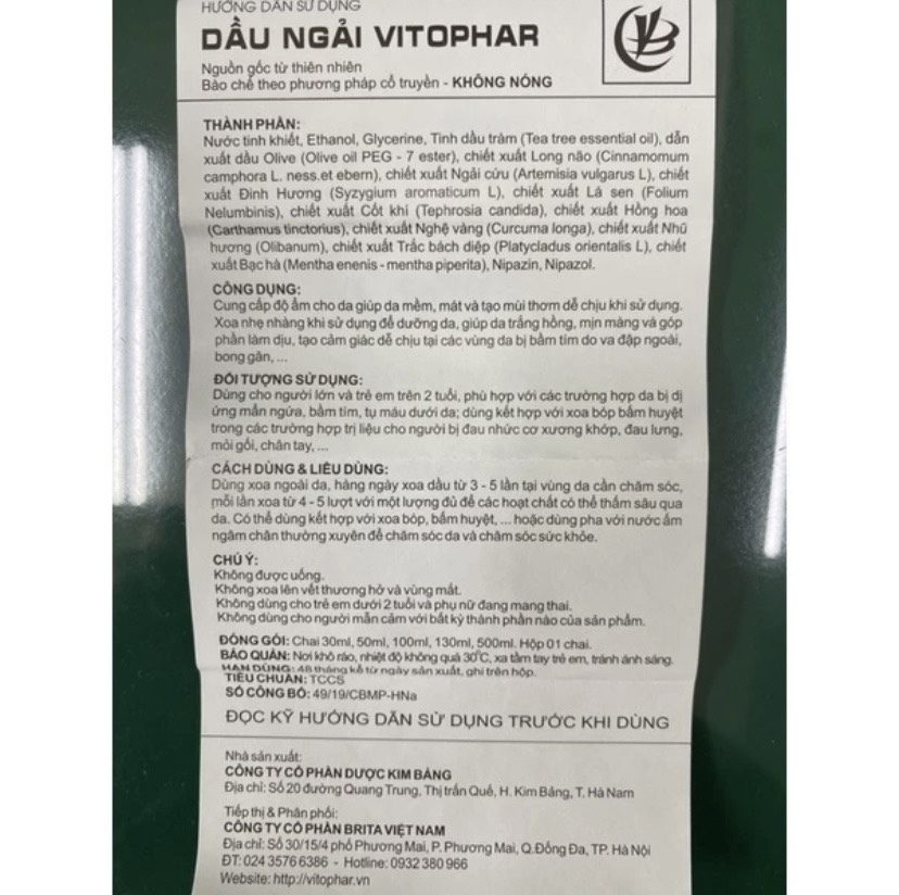 Combo 2 chai dầu ngải cứu vitophar 100ml hỗ trợ các chứng bệnh liên quan đến xương khớp