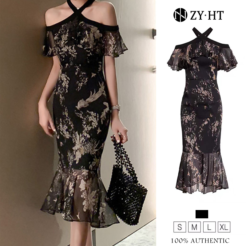 ZYHT eravogue Đầm lệch vai Hoa đầm đuôi cá Đầm voan Phiên bản Hàn Quốc đầm nữ dễ thuong 1938