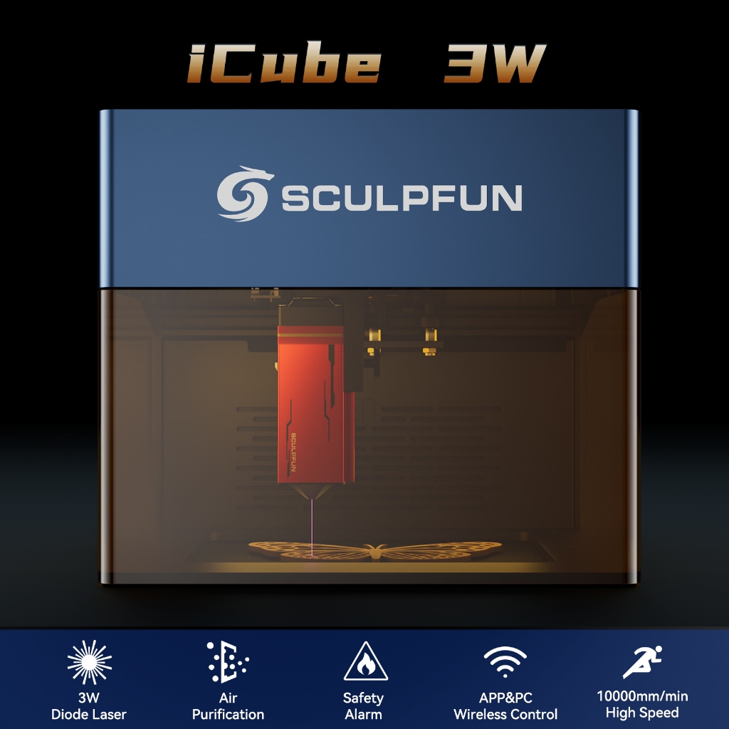 Atomstack SCULPFUN Máy khắc laser SCULPFUN iCube,Hỗ trợ WIFI APP Windows,Mac Máy khắc Laser thích hợp cho nhựa, acrylic, gỗ và thép không gỉ