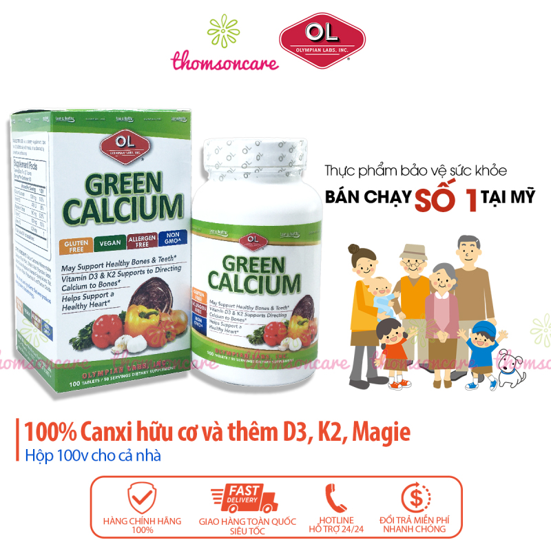 Bổ sung Canxi hữu cơ Green Calcium Nhập khẩu từ Olympian Labs Mỹ Lọ 100 viên có Vitamin D3, K2 cho mẹ bầu, sau sinh cao cấp
