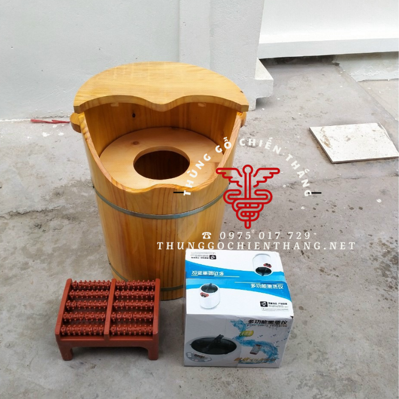 Thùng Gỗ Xông Chân Chậu gỗ ngâm chân kết hợp xông phụ khoa, tặng Kèm Ghế Lăn & Máy Xông 2L - Chậu ngâm chân - Bồn ngâm chân - Chậu xông phụ khoa - bồn xông phụ khoa