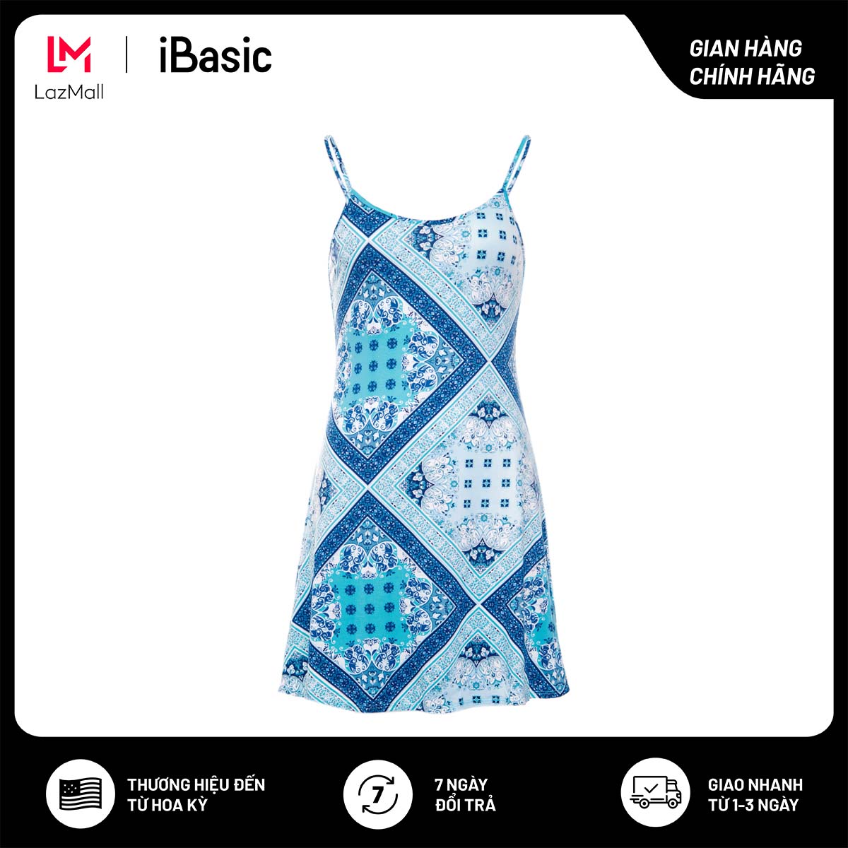 Đầm ngủ nữ thun 2 dây họa tiết hoa văn iBasic 7916-1