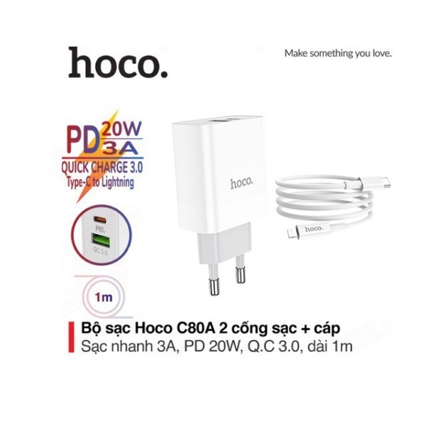 Bộ sạc 3A/PD20W Hoco C80A chuôi tròn 2 cổng USB/Type-C kèm dây sạc Type-C to Lightning dài 1M cho iPhone