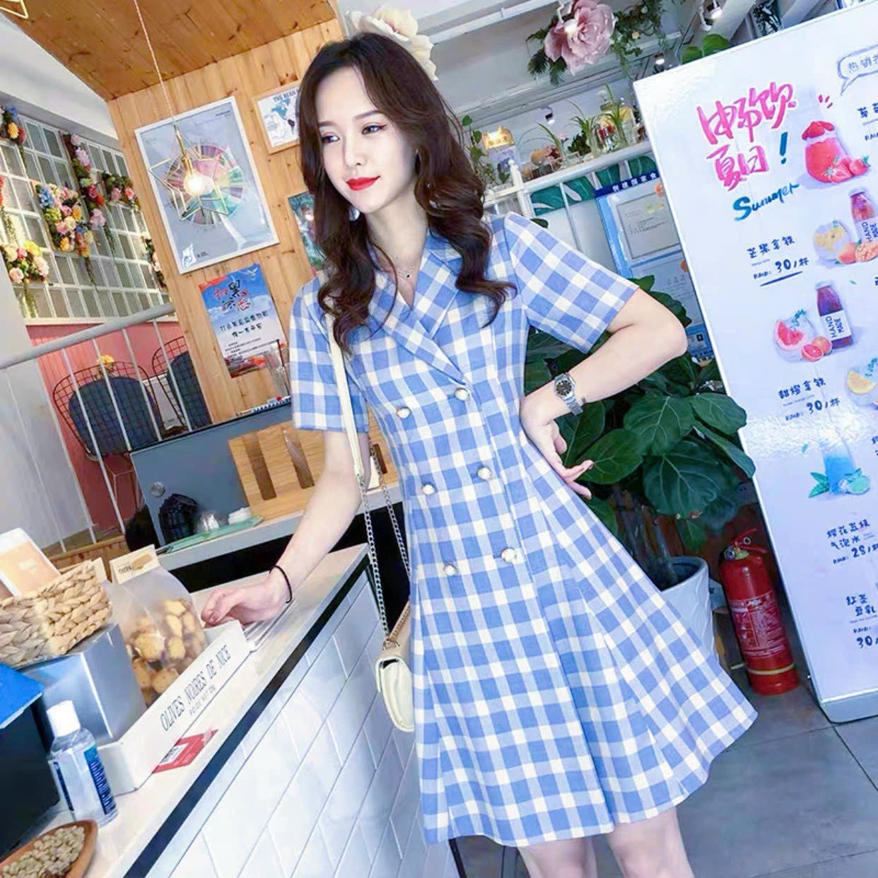 Đầm vest caro xanh
