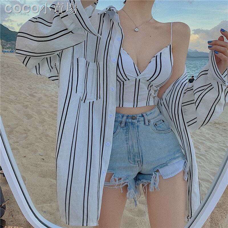 SET SƠ MI TAY DÀI KẺ SỌC + ÁO 2 DÂY ( có mút ngực)
