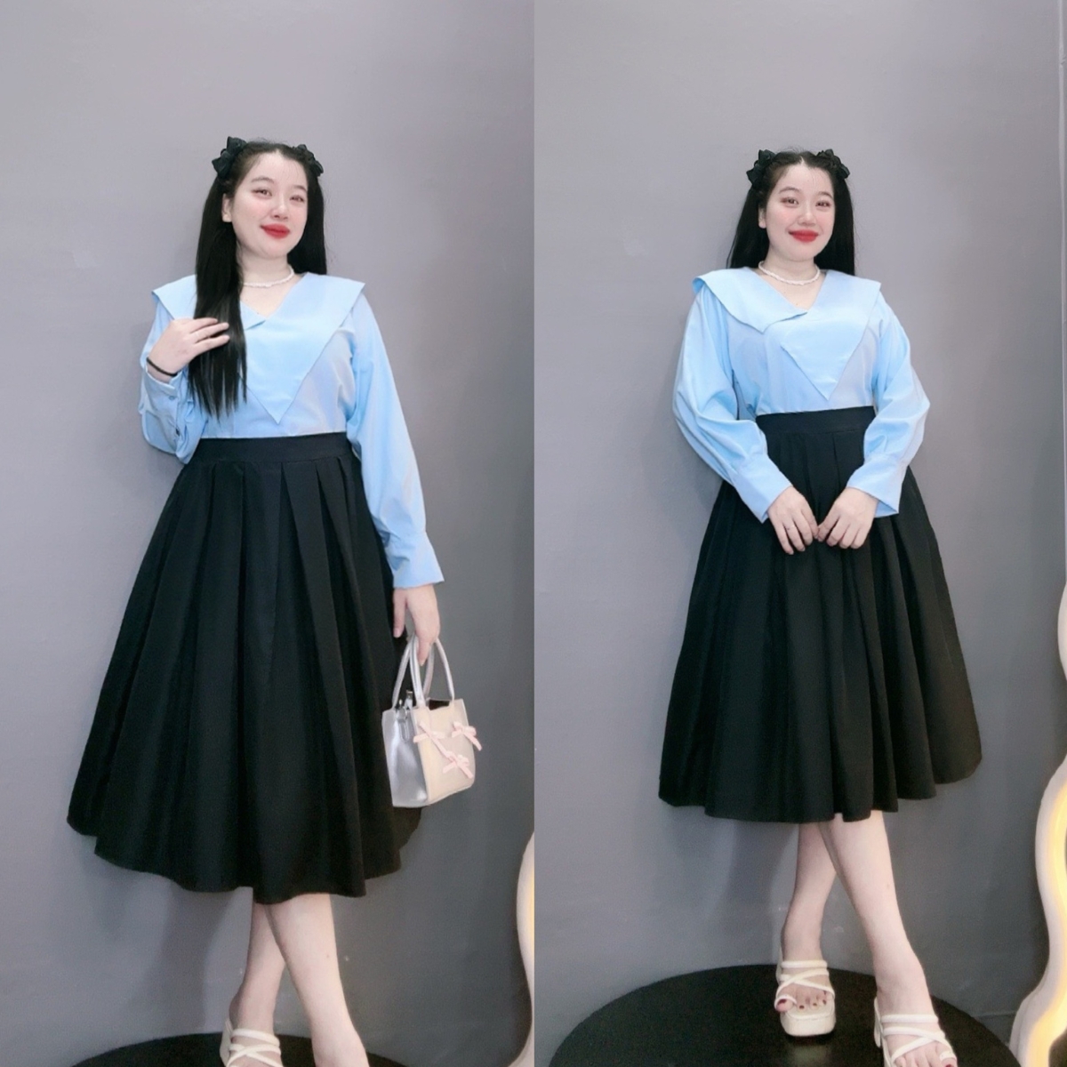 Áo sơ mi nữ bigsize cô nhỏ thiết kế tay dài phồng tiểu thư bo gấu vạt bèo nhọn vải lụa chéo sang chảnh thanh lịch SM158