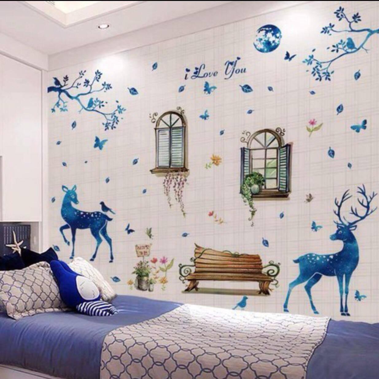 Combo 2 bức decal dán tường hươu sao xanh và khung cửa sổ