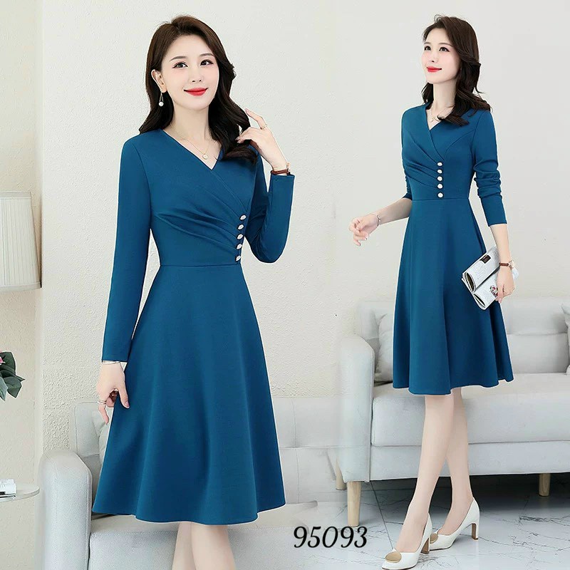 ĐẦM VÁY DỰ TIỆC ĐÍNH NÚT CỔ V EO XẾP LY ĐỦ SIZE