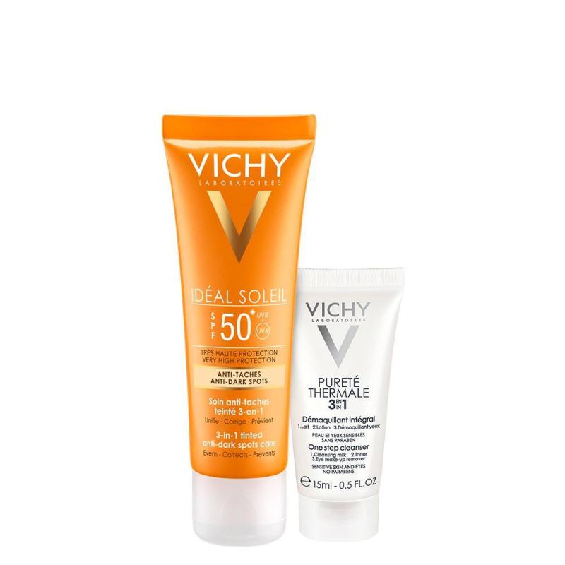 Vichy- Kem chống nắng có màu ngăn sạm da, giảm thâm nám Vichy Ideal Soleil Anti-Darkspot SPF50 50ml + Tặng Sữa rửa mặt tẩy trang 3in1 15ml