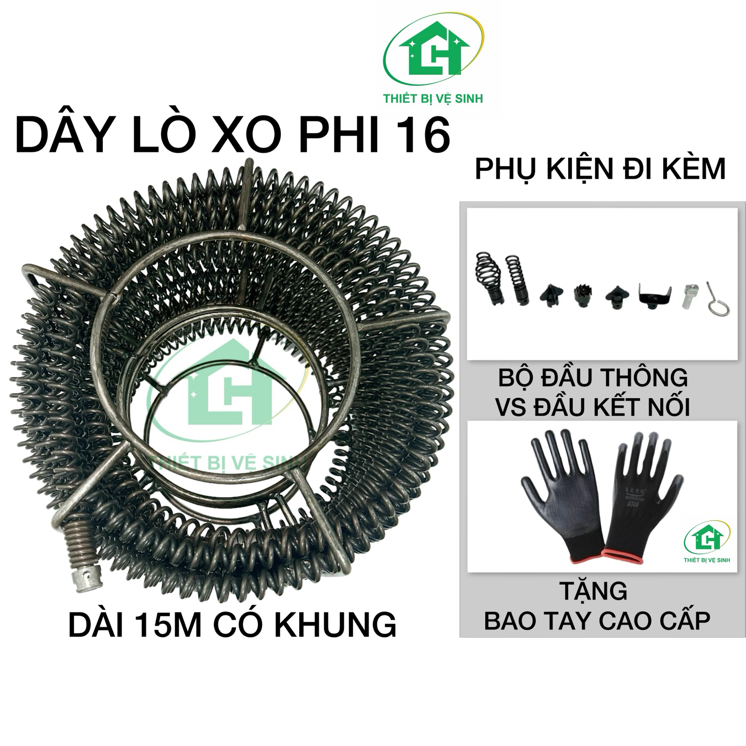 Dây Thông Tắc Cống Lò Xo Dùng Cho Máy Khoan ( Gồm Dây Lò Xo Phi 16 + 6 đầu thông + 1 đầu kết nối )