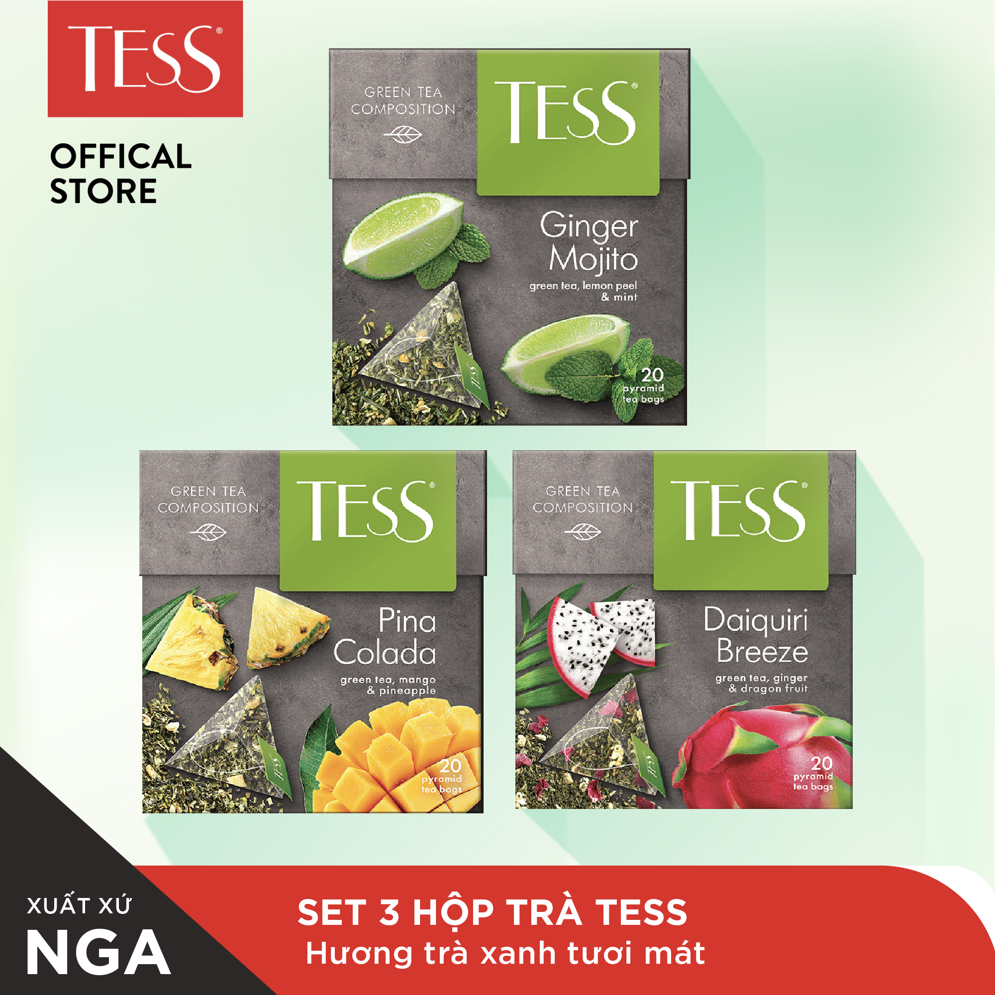 Set 3 hộp trà Tess Green Tea trà xanh tươi mát 20 gói hộp