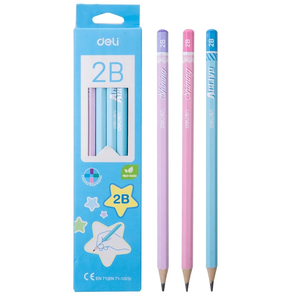 (Hộp 12 Cây) Bút chì Deli 2B C037 Thân Lục Giác Kèm Gôm