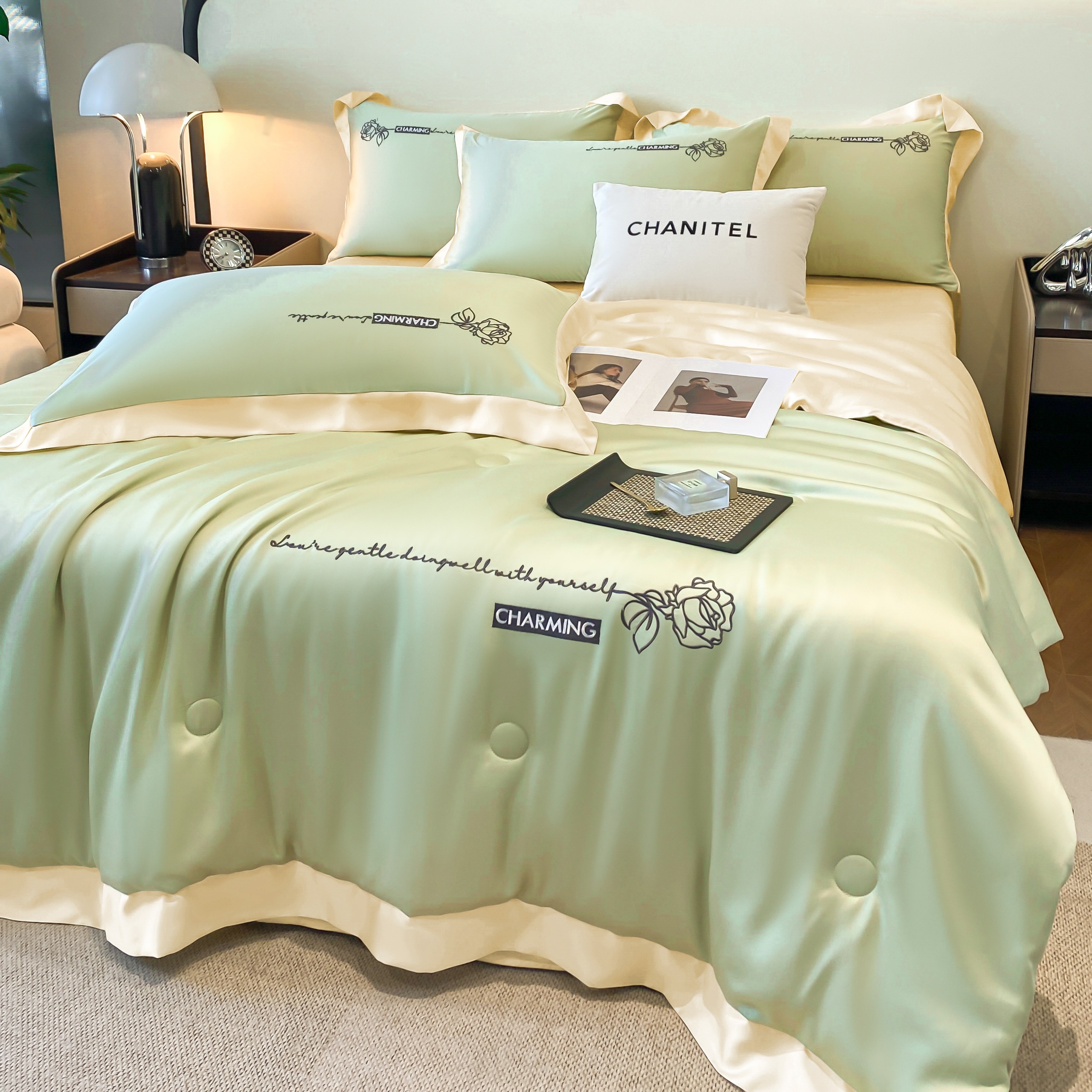 SET 4 MÓN CHĂN CHẦN HÈ+ GA GỐI PHI LỤA THÊU HOA PHỐI VIỀN NHẬP KHẨU CHIIBEDDING