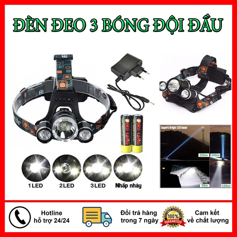 Đèn Pin Siêu Sáng 300W, Đèn Pin Đội Đầu 3 Bóng Siêu Sáng, Đèn Led Đội Đầu 3 Bóng + 2 Pin Sạc 18650 + 1 Củ Sạc, Đen Pin Sieu Sang Đội Đầu 3 Bong Bảo Hành 12 Tháng