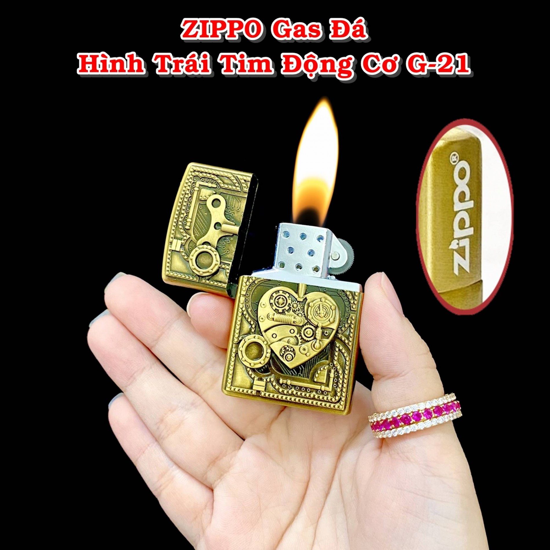 BẬT LỬA ZIPPO GAS ĐÁ HÌNH TRÁI TIM ĐỘNG CƠ G-21