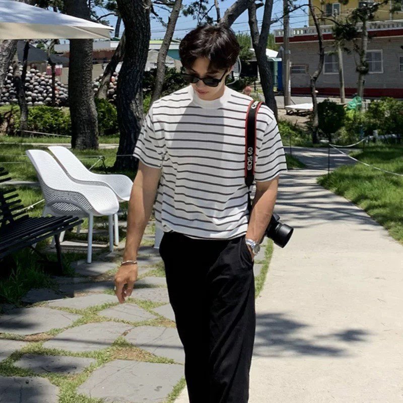 Áo thun Stee Cổ cao Sọc ngang B&W CVC Unisex