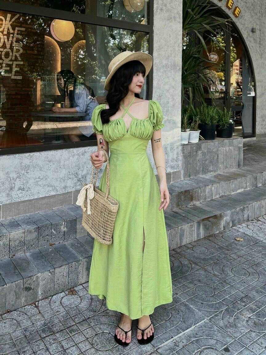 Đầm lụa màu xanh bơ mặc đi biển, đầm tiểu thư tay phồng, váy xẻ tà, đầm tay hồng công chúa, váy maxi xẻ tà, đàm dạ hội, váy đi tiệc cột dây cổ