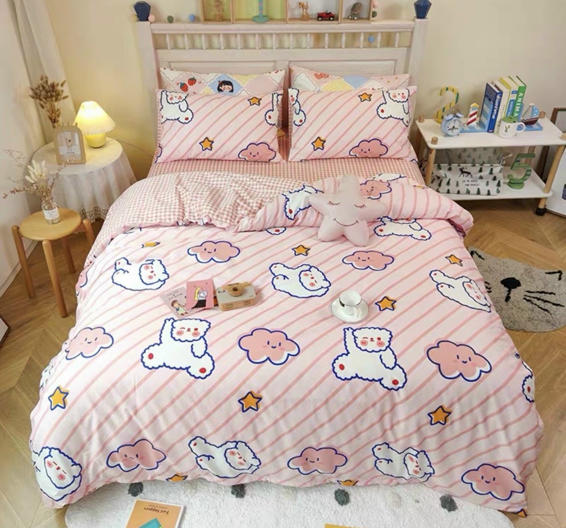 Bộ chăn ga gối cotton poly - Mẫu mây hồng.