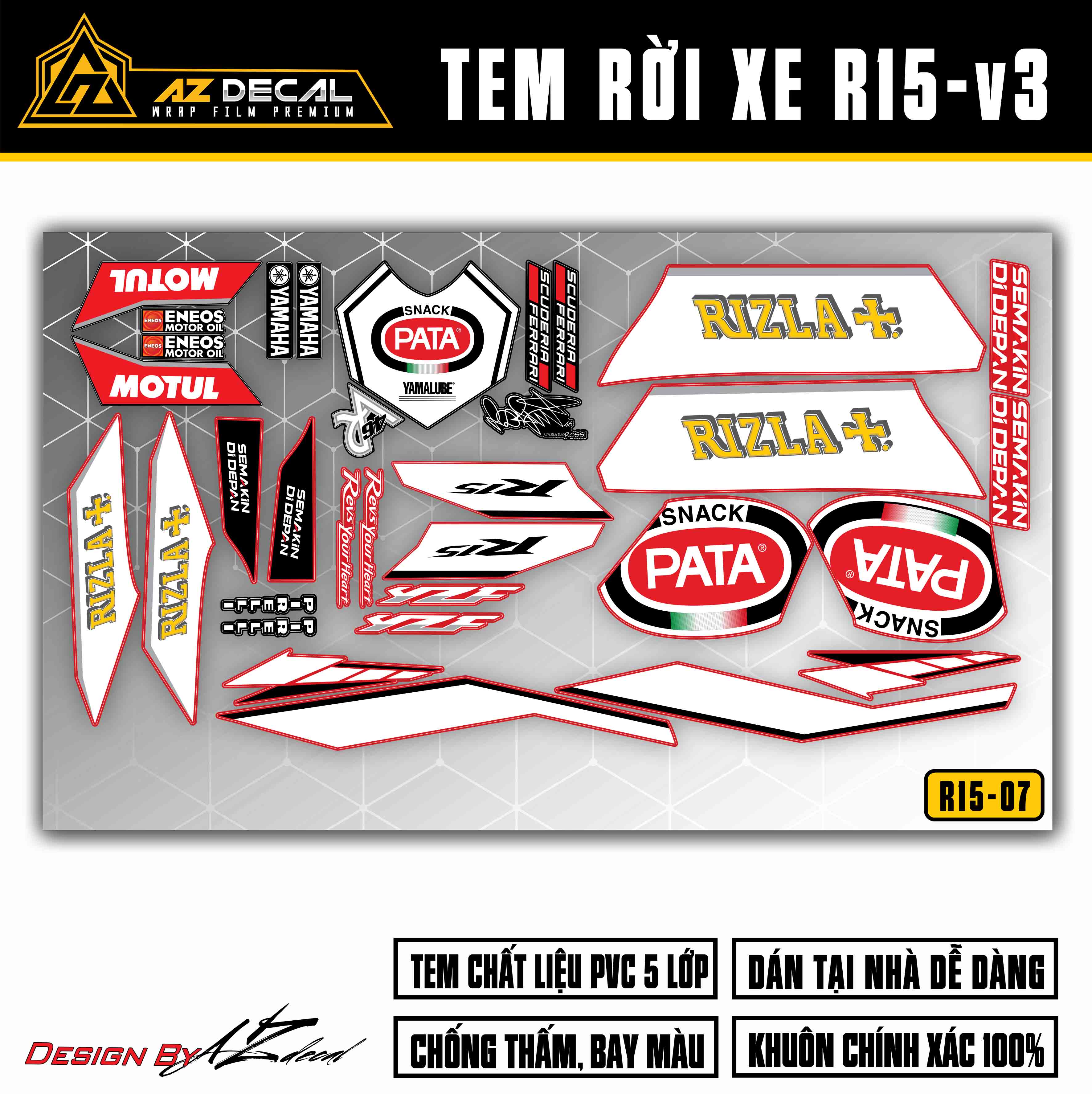 Tem Rời Xe Yamaha R15V3 Mẫu Pata Snack | R15V307 | Decal Dán Xe R15 Màu Đỏ, Đen, Vàng, Xanh, Xám - Azdecal