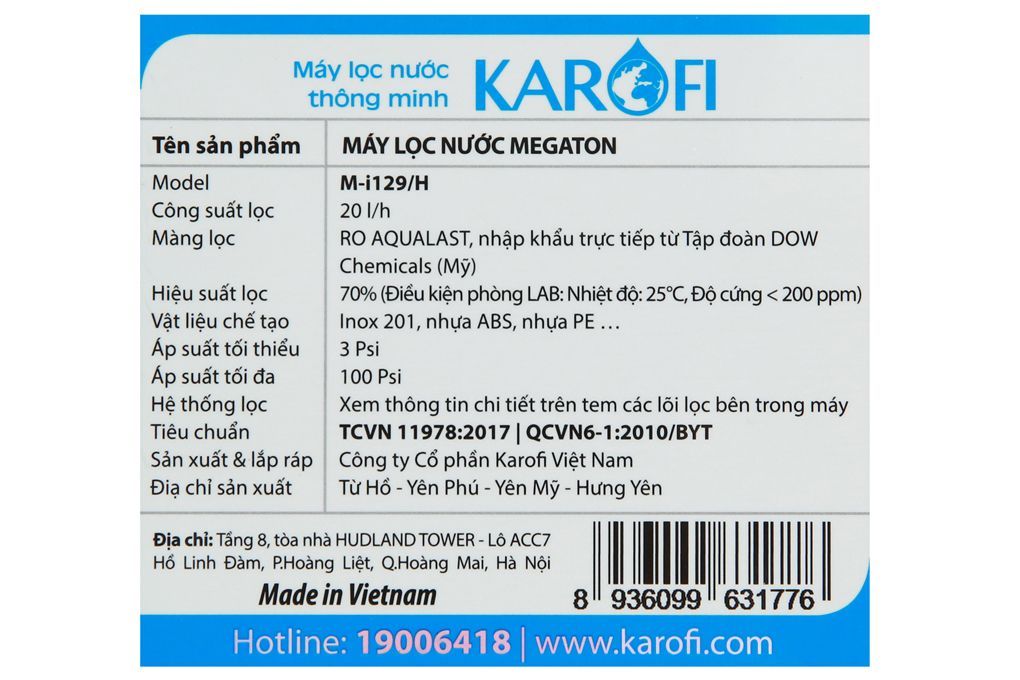 [Thanh lý ] Máy lọc nước Karofi MI129 ( hàng mới 100%)