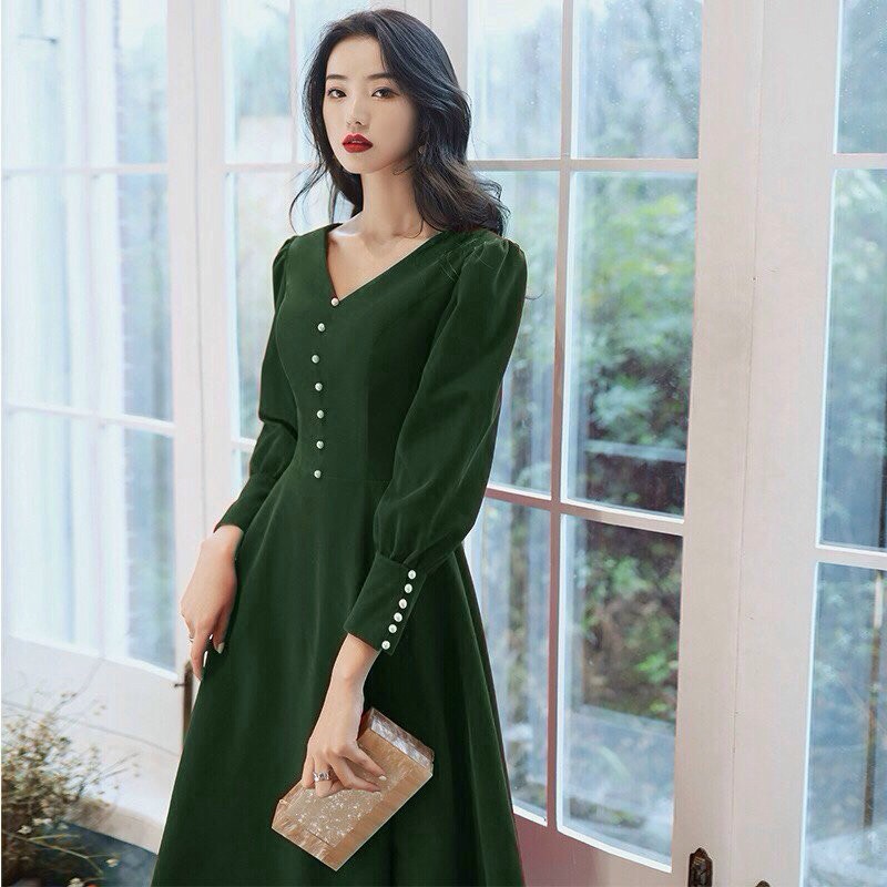 ĐẦM xòe CÔ DÂU tay dài CỔ V ĐÍNH NÚT