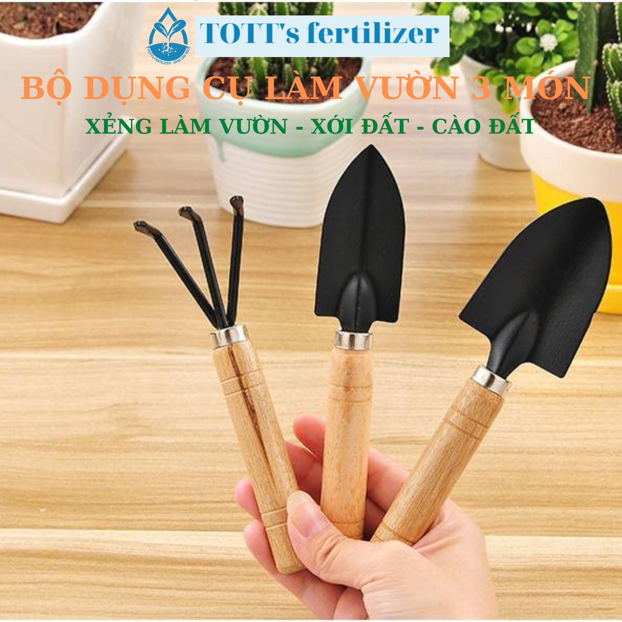 Dụng Cụ Làm Vườn To (Xẻng Làm Vườn - Xới Đất - Cào Đất) cán gỗ mini bộ 3 món