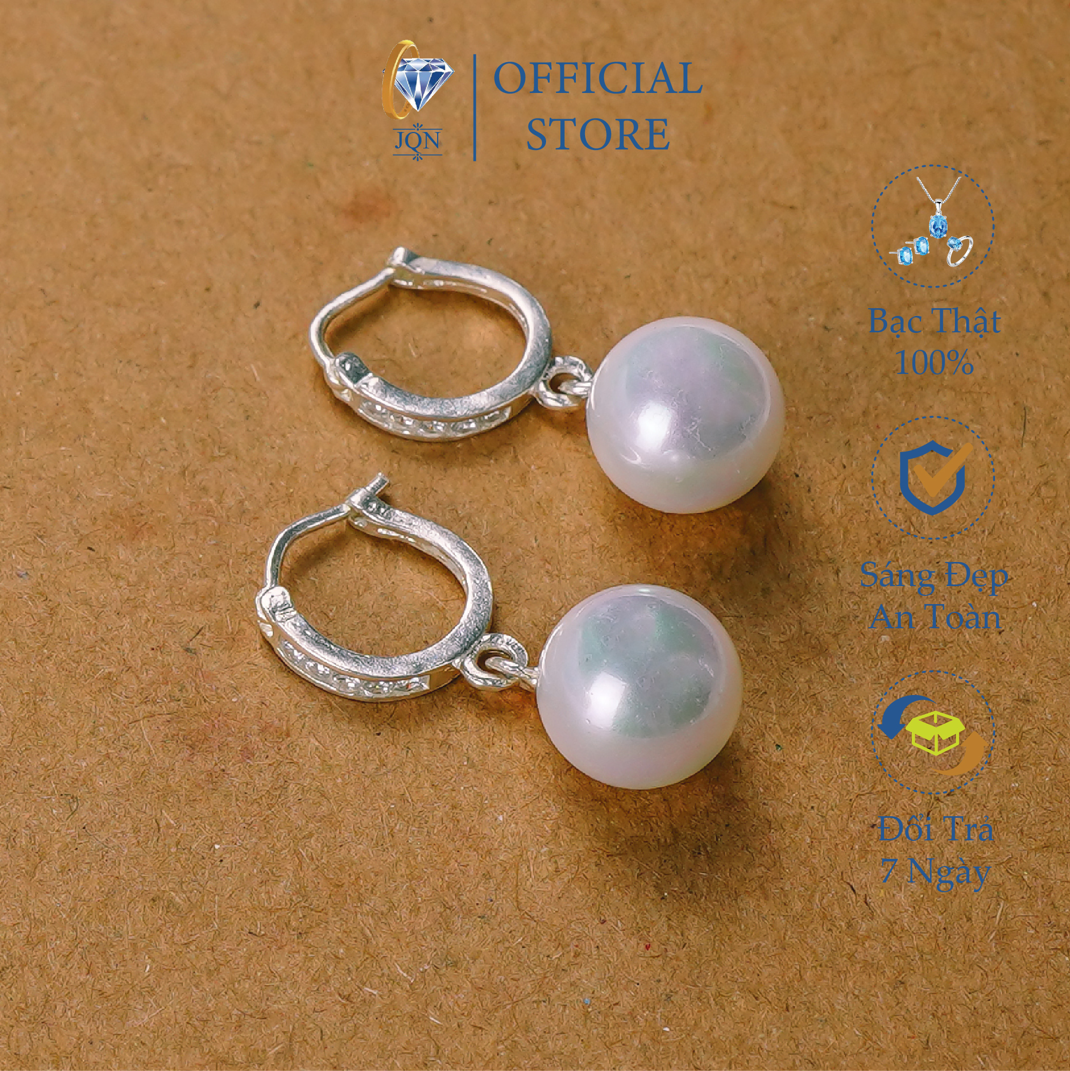 Bông Tai Nữ Bạc Thật JQN Khuyên Tròn Gắn Ngọc Trai Trẻ Trung Thời Trang