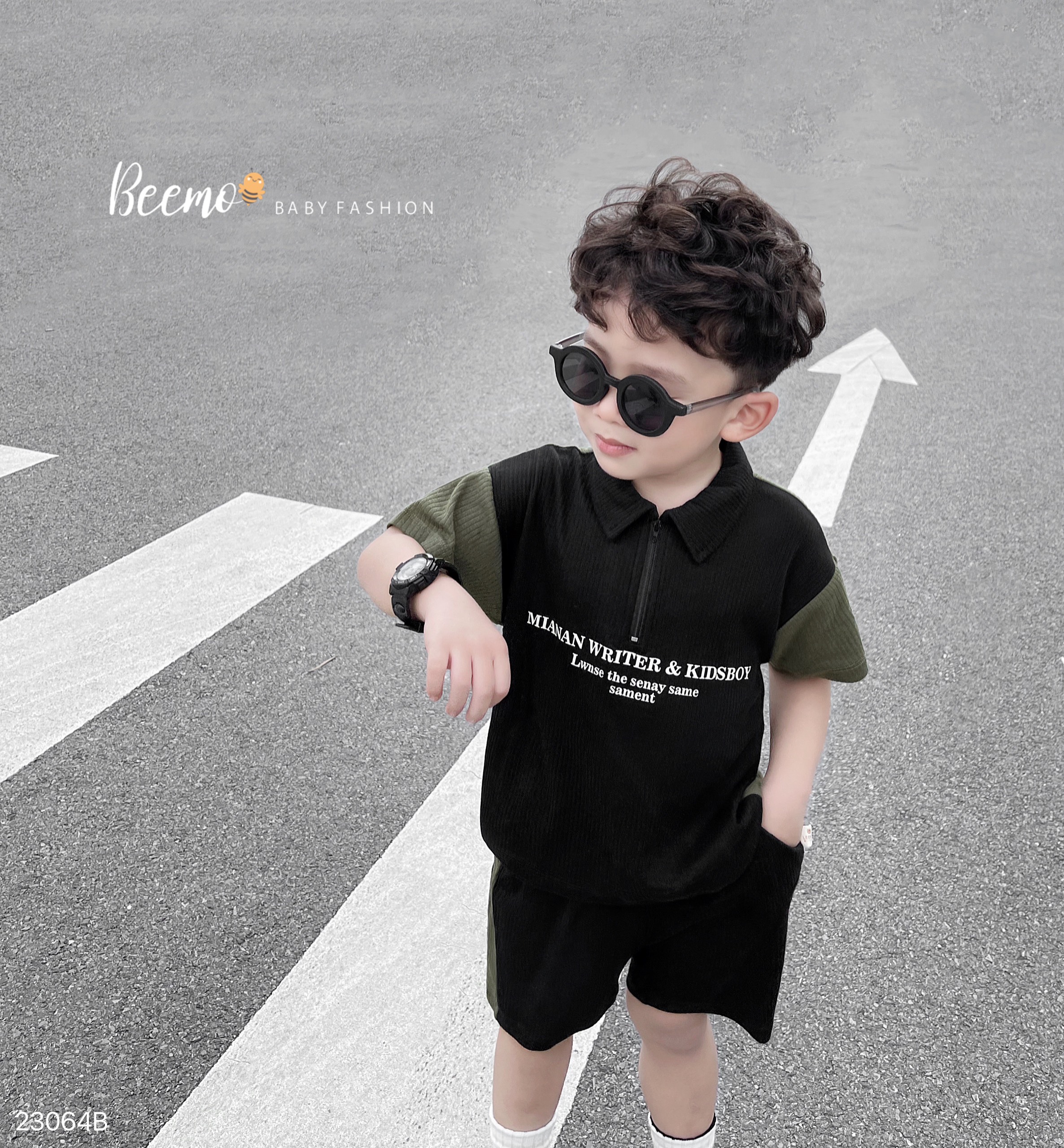 Bộ polo cộc tay cotton tăm phối thân năng động bé trai BEEMO