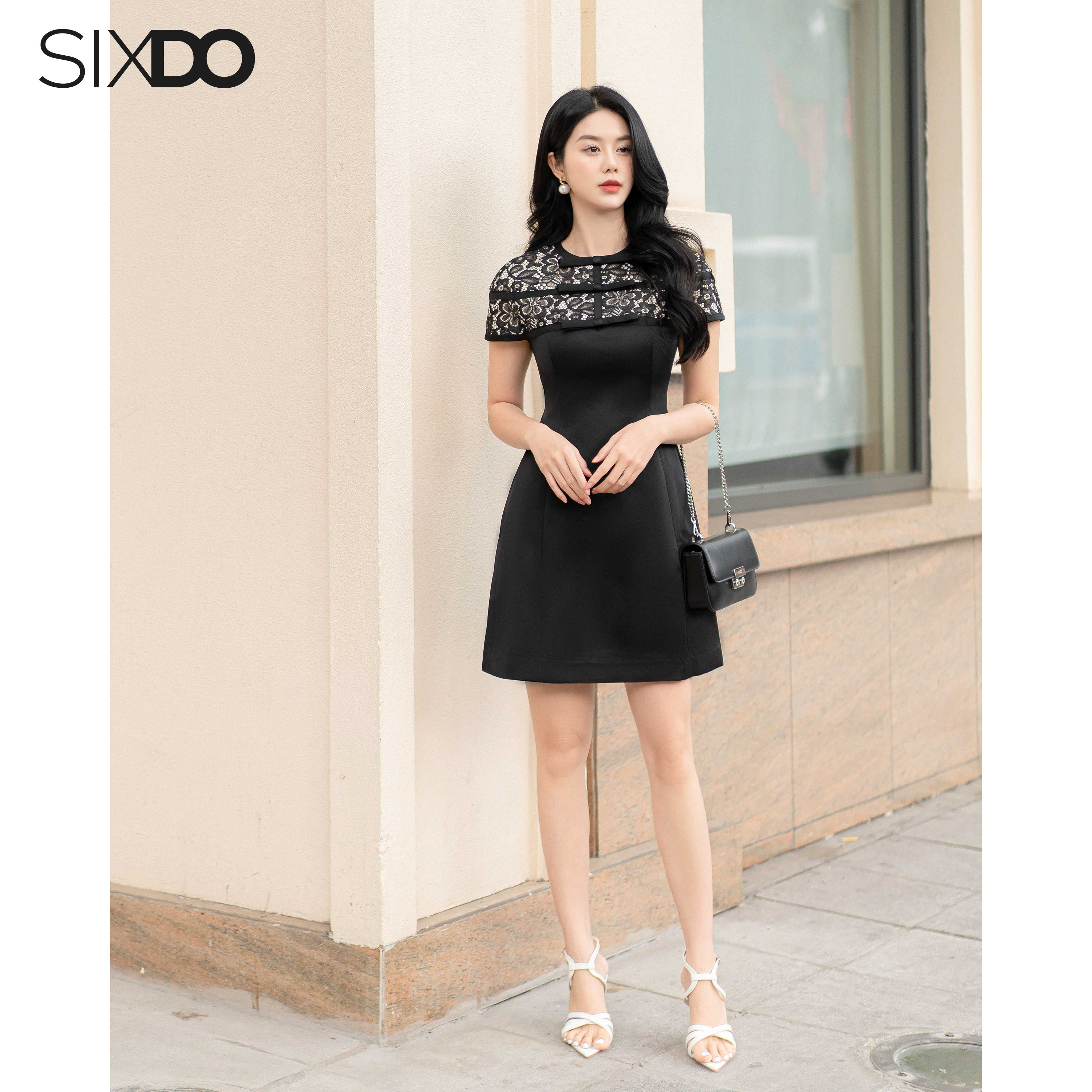 Đầm taffeta ngắn tay phối ren SIXDO (Black Short Sleeves Mini Taffeta Dress)