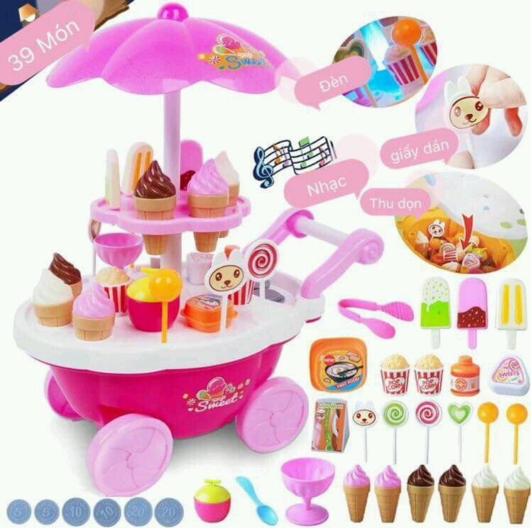 Đồ chơi xe bán đẩy bán hàng rong 2 tầng loại đại 39 chi tiết thiết kế đẩy đi được có ô che siêu đẹp, dùng pin phát ra âm thanh, có đèn , màu sắc tươi sáng, không phai dành cho bé gái trên 3 tuổi hàng cao cấp