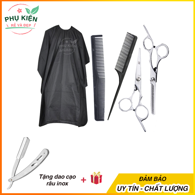 Combo Bộ Kéo cắt tóc và tỉa tóc + 2 cây lược + Áo choàng cắt tóc + Dao cạo đa năng