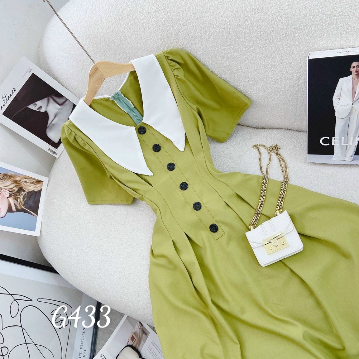 Đầm xoè cổ lá sen eo xếp ly phối nút vải kate G433