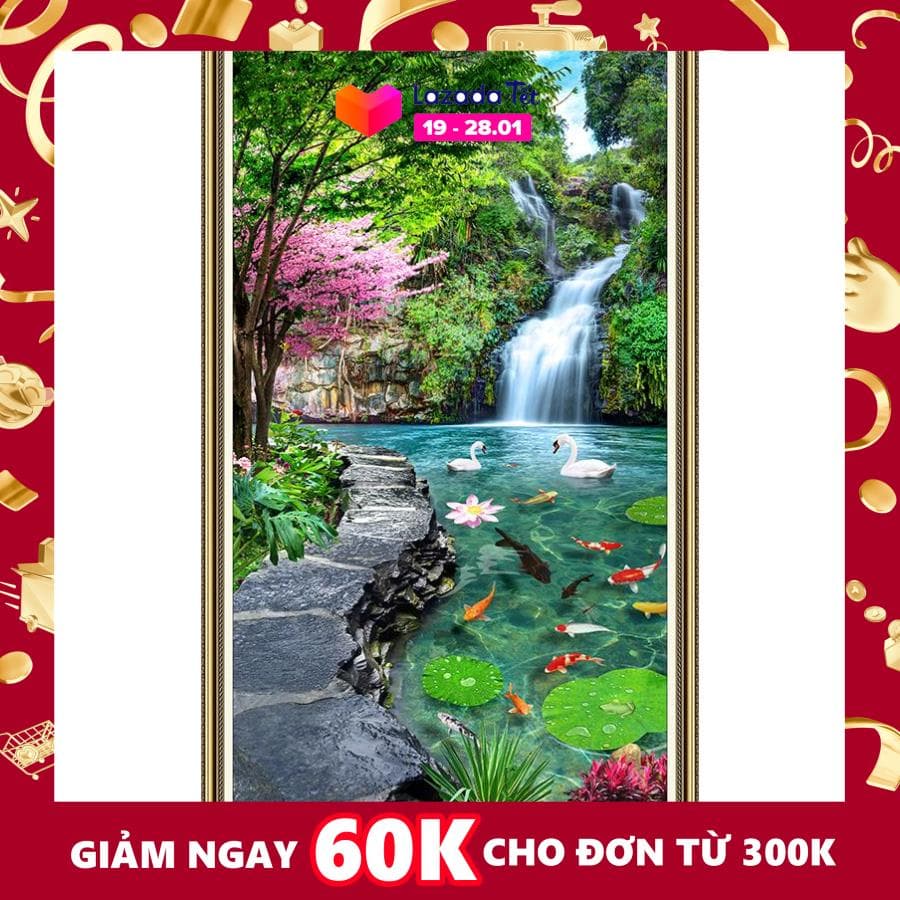 Tranh dán tường 3D VTC Đôi thiên nga khổ dọc LV-0011K KT 55 x 100 cm