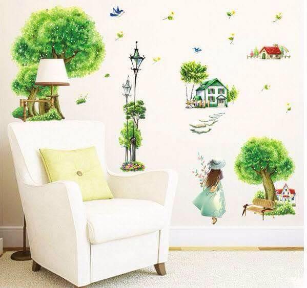 decal dán tường mẫu làng quê xanh