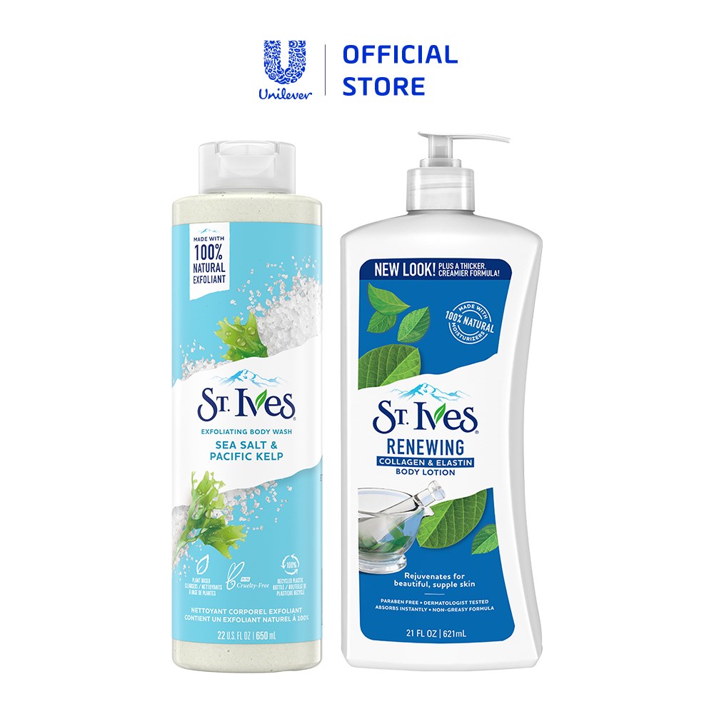 Combo Sữa tắm St.ives Muối biển 650ml và Sữa dưỡng thể St.Ives collagen