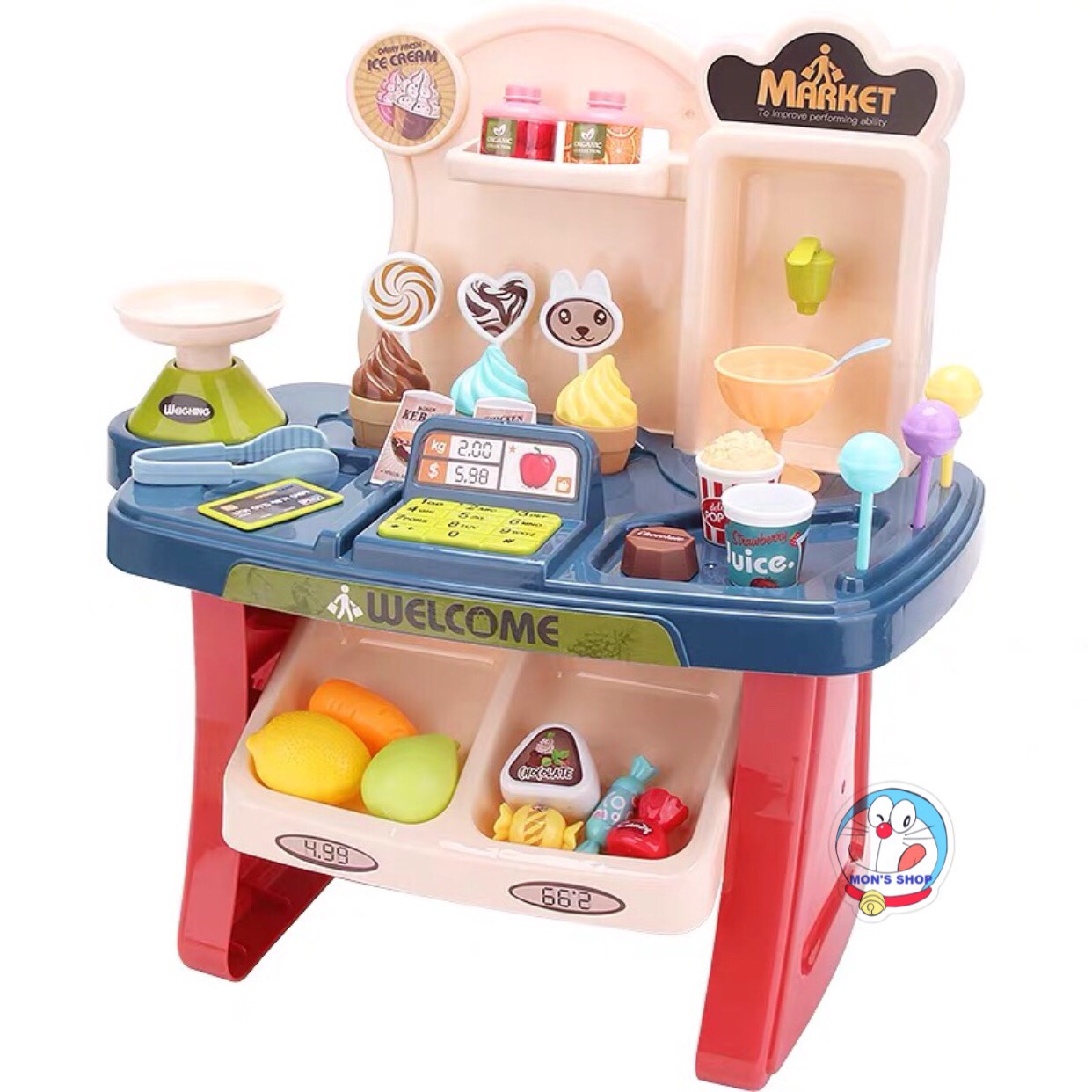 Mẫu hot 2020: đồ chơi quầy kem kẹo, siêu thị mini 33 chi tiết, dùng pin, có âm thanh và ánh sáng