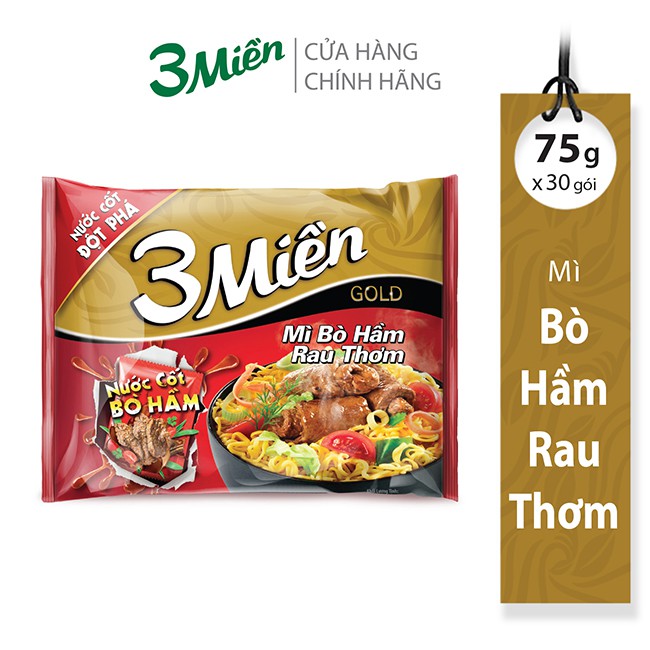 Mì Gói 3 Miền Gold Bò Hầm Rau Thơm 75g(30 gói x 75g)