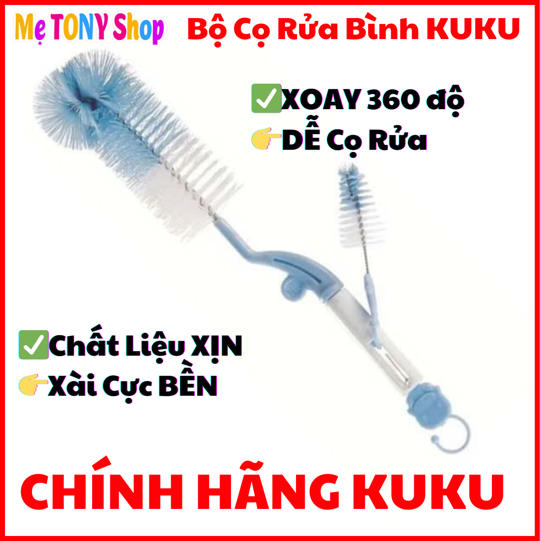 [Xài Cực Bền] Bộ Cọ Rửa Bình Sữa 2 Chi Tiết Có Tay Xoay 2 Chiều (Chính Hãng Kuku)
